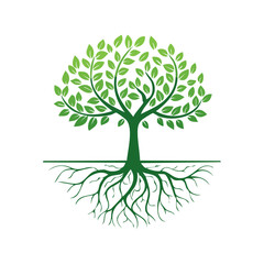 Fototapeta premium Illustration of a green tree with roots on a black background for organic concepts