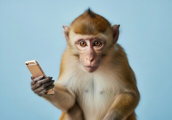 Monkey holding smartphone with curious expression