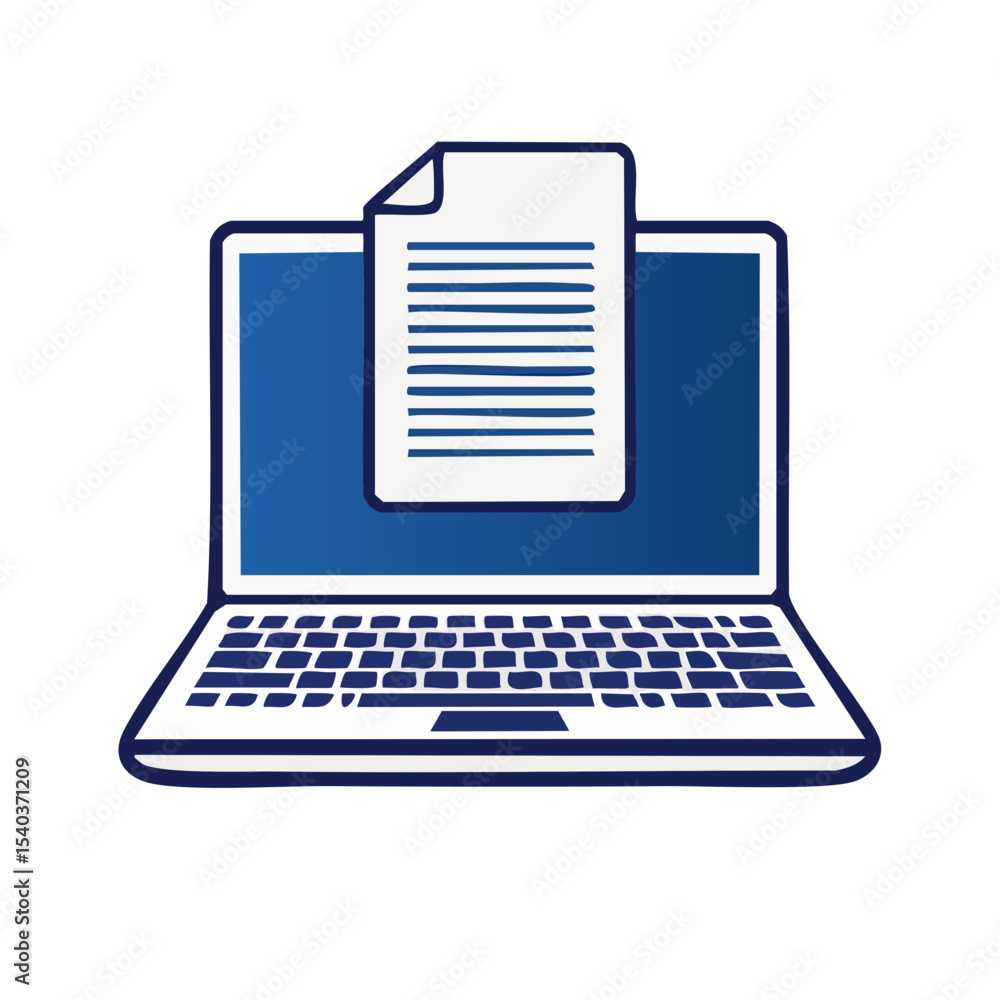Poster laptop displaying document icon for digital file management and online information access