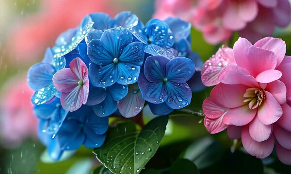 Blue Hydrangea Bloom With Water Droplets and Pink Flowers in Soft Focus Background