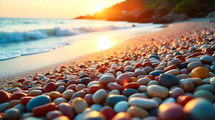 Obraz premium A vibrant collection of colorful pebbles on a sun-drenched beach at midday, with crystal clear turquoise water gently lapping at the shore. BACKGROUND.