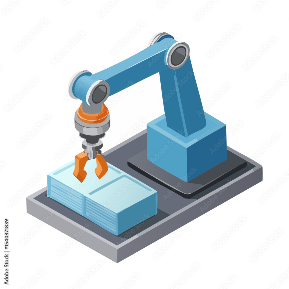 Poster robotic arm lifting stacks of product automated assembly line isometric view precision manufacturing