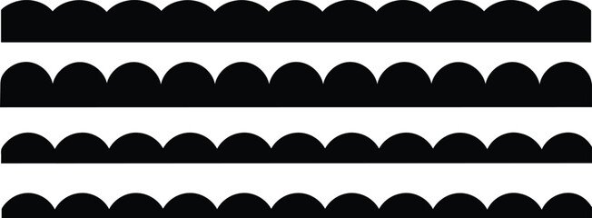 Scalloped edge seamless shapes vector set. Simple scalloped border. Simple scalloped border. Repeat vintage frill ornament. Texture ribbons isolated on white background.