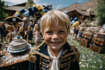 A young boy, dressed in a pirate-inspired outfit, smiles joyfully at his birthday party. Colorful balloons and decorations surround him, with friends and a cake in the background.