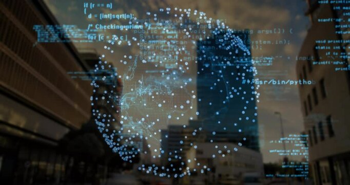 Glowing data network materializing rotating sphere as Python Java code scrolling blending skyline