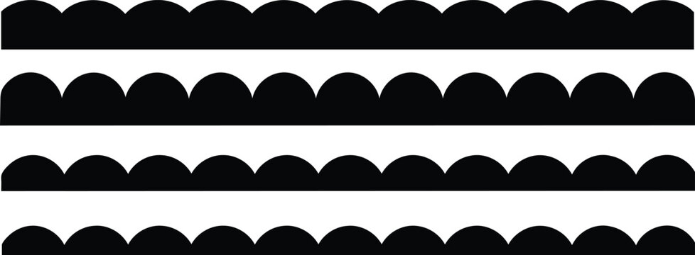 Scalloped edge seamless shapes vector set. Simple scalloped border. Simple scalloped border. Repeat vintage frill ornament. Texture ribbons isolated on white background.