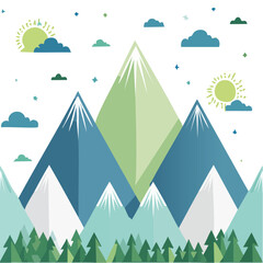 Mountain Range Forest Landscape Scene with Peaks, Snow, Trees, Sunshine, Clouds, and Stars in Flat Design Style