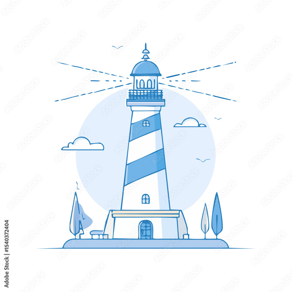 Poster illustration of a lighthouse on an island emitting light beams with trees and clouds in a graphic st