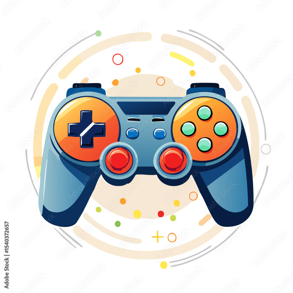 Poster illustration of a colorful video game controller gaming device technology in a playful whimsical sty