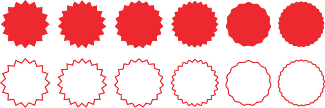 Blank starburst badge sticker label and red starburst set. Sale sticker, price tag, starburst icon, rice sticker, sale sticker, price tag, starburst, quality mark, retro stars, circle sticker set.  
