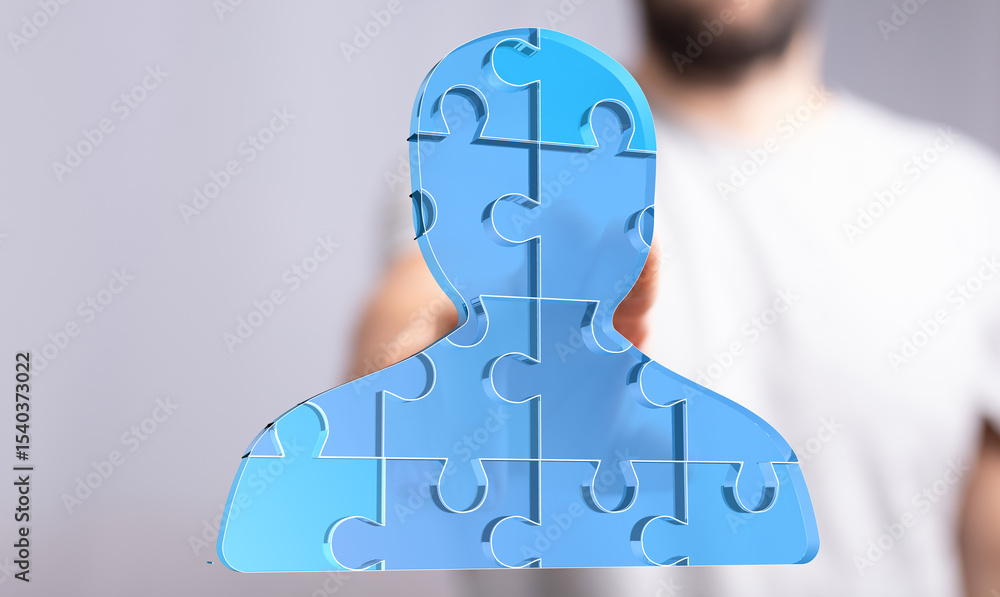 Poster Abstract image of a person made of puzzle pieces. Represents teamwork, collaboration, and unity.
