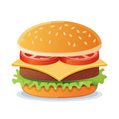 Delicious burger illustration with fresh toppings like lettuce, tomato and cheese on a seeded bun ready to eat at any fast food restaurant