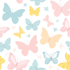 Seamless Pattern with Pastel Butterflies and Small Flowers on a Dark Background