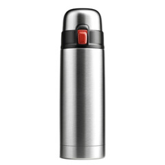 Modern stainless steel thermos bottle with red button lid for hot or cold beverages, portable drink container with sleek design and durable construction