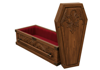 Isolated Open Wooden Coffin with Red Velvet Lining