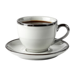 Elegant white porcelain coffee cup with matching saucer and metallic rim, suitable for morning beverages, tea or coffee, on a plain white background