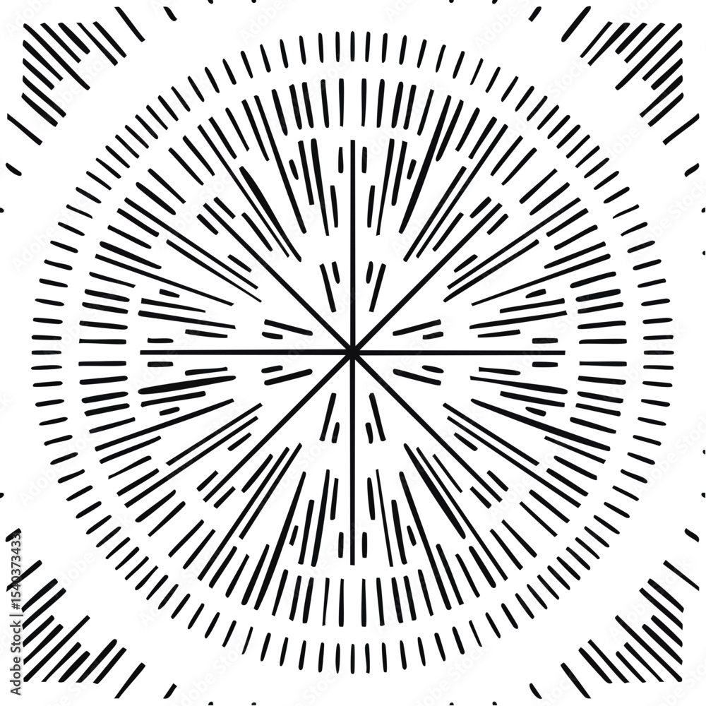 Poster abstract geometric pattern design with radial lines and concentric circles on dark background, minim