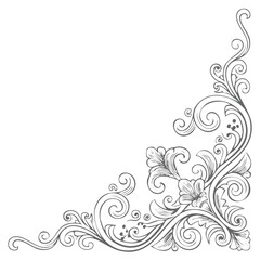 Elegant Floral Corner Design with Swirls and Blossoms on Black Background