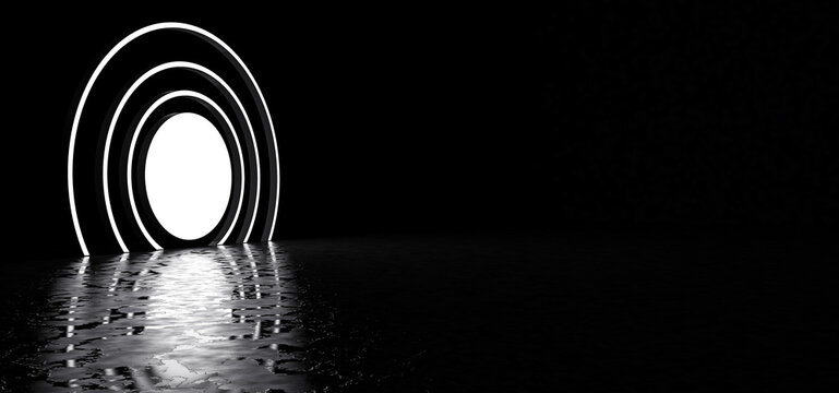 A luminous circle with stripes in a dark space is reflected in the glossy floor. 3D Render.