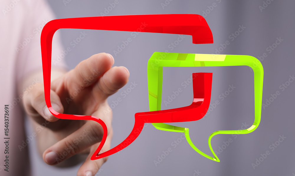 Poster abstract image of a hand interacting with colorful speech bubbles, representing communication and di