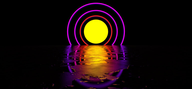 Colorful glowing circles in a dark space are reflected in the glossy floor. An abstract sun is shining in a dark space. 3D Render.