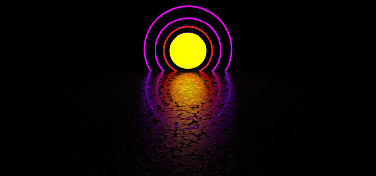 Colorful glowing circles in a dark space are reflected in the glossy floor. An abstract sun is shining in a dark space. 3D Render.