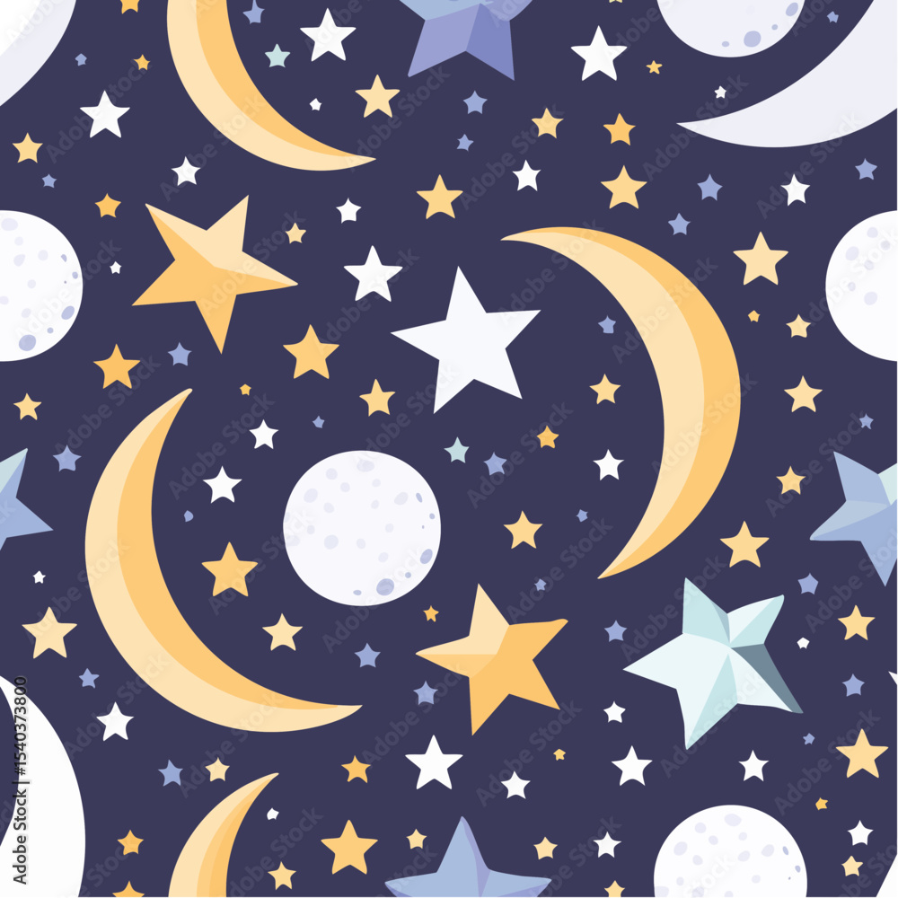 Poster seamless space pattern with moons and stars on dark backdrop celestial theme repeating design ideal 