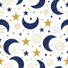 Celestial pattern with stars moons and bursts on black background. Night sky seamless repeat for fabric stationery or wrapping paper