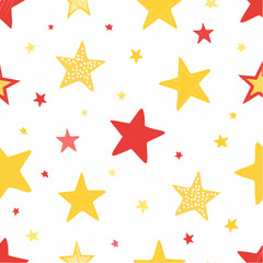 Bright Star Seamless Pattern Repeat Yellow Red Stars Hand Drawn Style Festive Celebration Decorative Surface Design