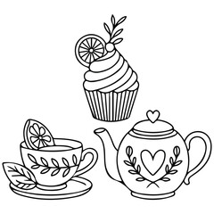 Doodle cupcake kettle set vector isolated white background