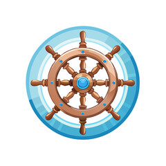 Obraz premium Cartoon wooden ship steering wheel with blue accents nautical theme illustration vector element navigation guidance cruise travel