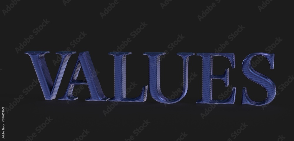 Poster high-quality 3d rendering of the word values in a dark blue metallic texture. ideal for presentation