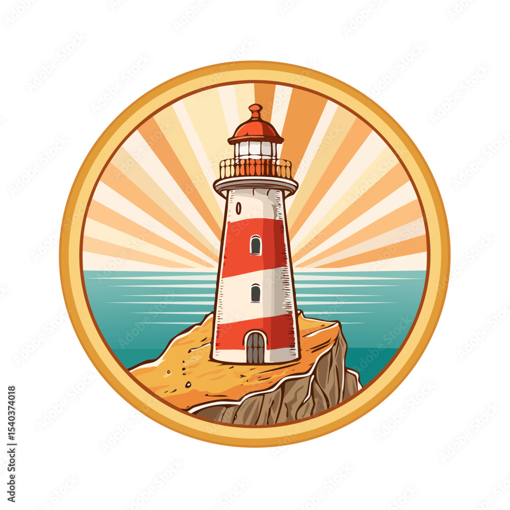 Poster coastal lighthouse on cliffside with ocean background and circular badge frame illustration design