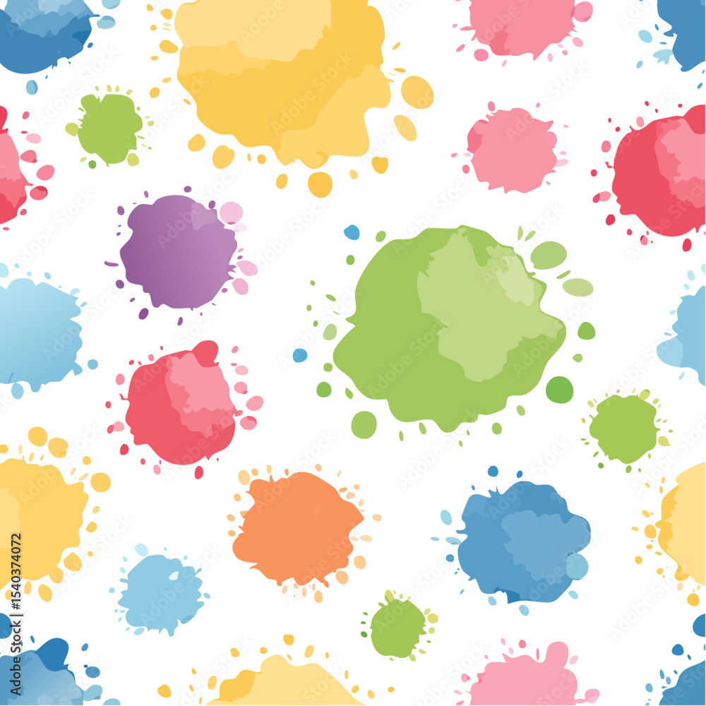 Poster vibrant watercolor paint blobs create a playful and artistic seamless pattern on a black background.