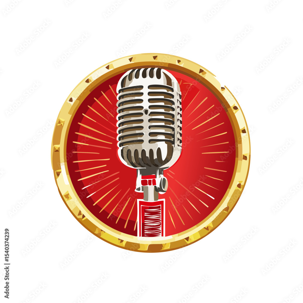 Poster vintage microphone emblem with golden circle and red rays. retro style microphone for music broadcas