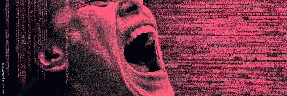 Poster Screaming Mouth Submerged in Data Noise With Visual Chaos on One Side During an Abstract Expression of Chaos and Distortion