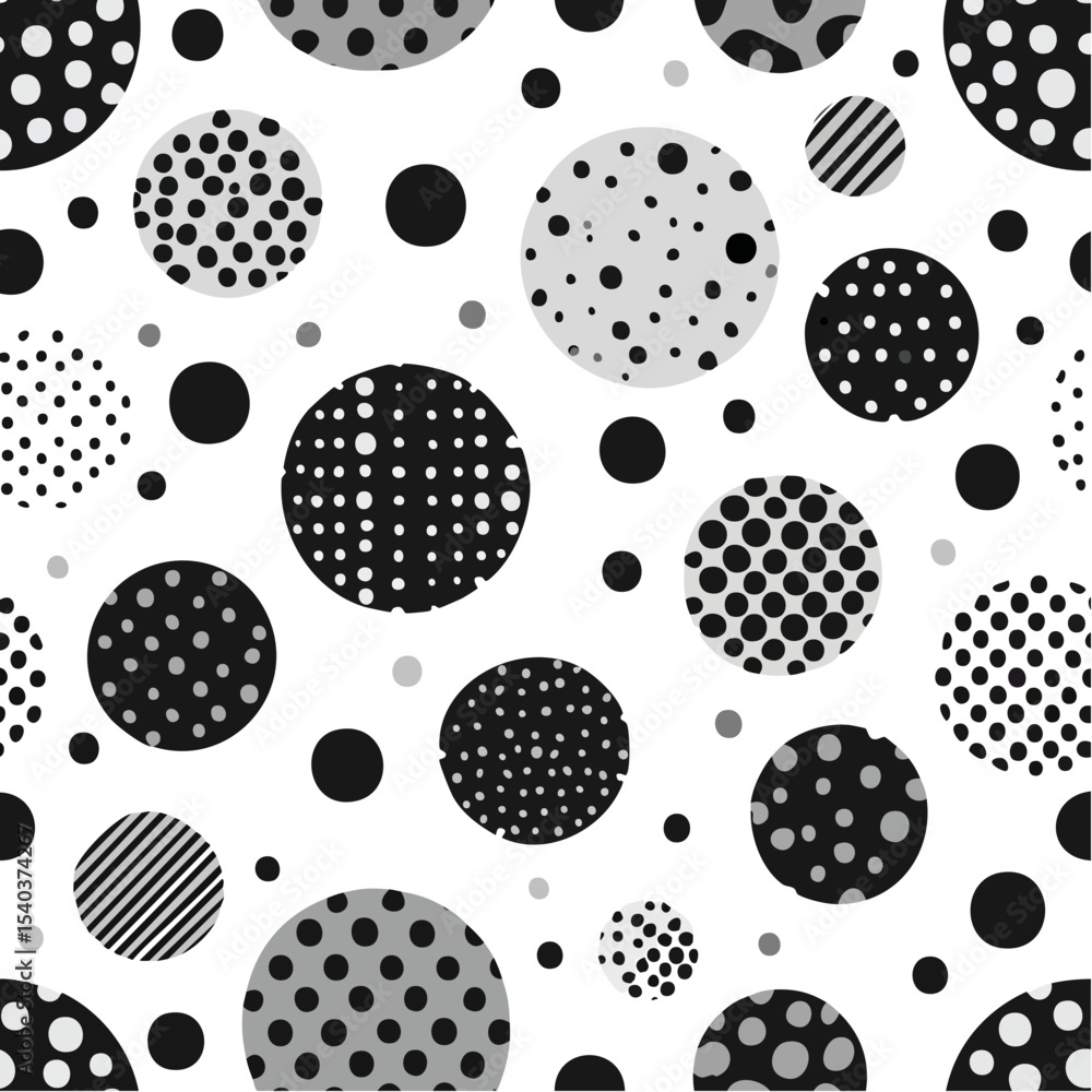 Poster seamless monochrome pattern of circles with different dots and stripes for a whimsical design