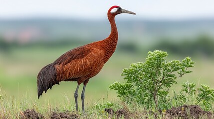 A red-crowned crane standing in tall grass.