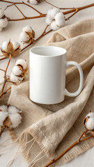 Minimal White Mug Mockup with Cotton Flowers on Linen Surface
