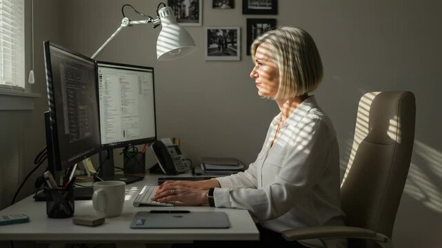 Professional woman working at a desk with two monitors in a well-lit home office during daylight hours