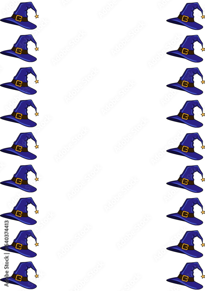 Poster a whimsical vector frame design featuring a repeating pattern of blue wizard hats adorned with golde