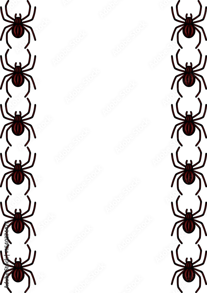 Poster elegant vector frame design featuring a repeating pattern of dark brown spiders on a white backgroun