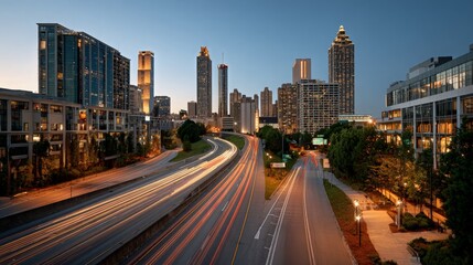 Fototapeta premium Atlanta Skyline at Dusk with Highway Light Trails
