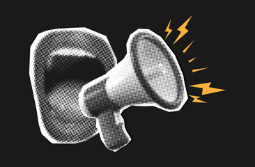 loudspeaker and open screaming female mouth in retro halftone style,paper collage element, megaphone with female lips