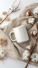 Minimal White Mug Mockup with Cotton Flowers on Linen Surface
