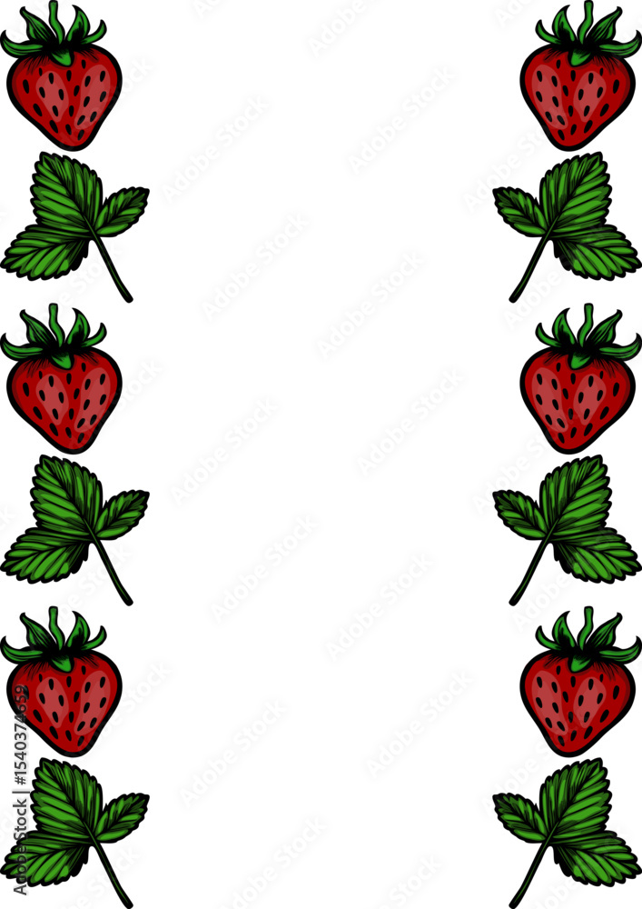 Poster elegant vector frame design featuring a repeating pattern of hand-drawn strawberries and leaves, per