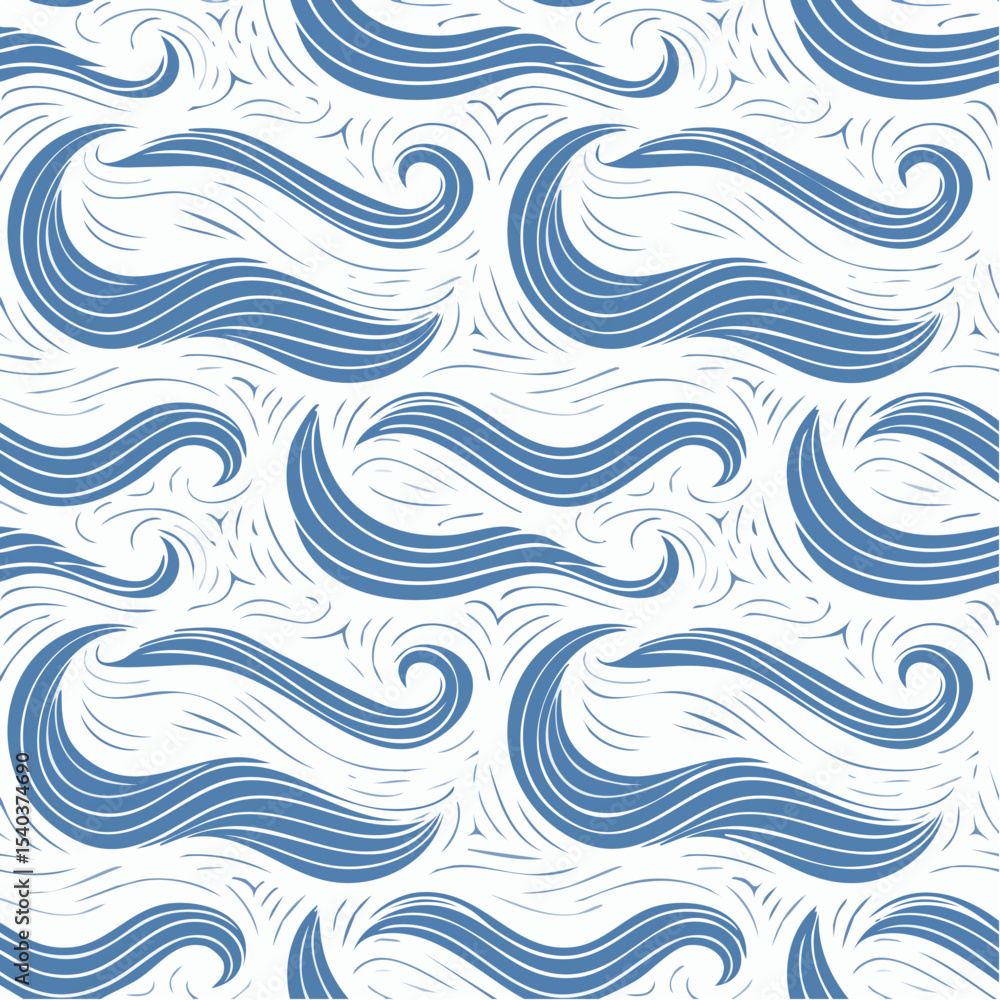 Poster seamless ocean waves vector pattern in blue and white artistic swirl design for textiles and backgro