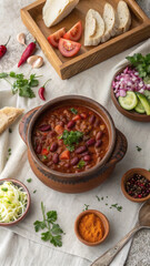 FlatLay of Georgian Lobio with Pickled Vegetables and Cornbread (Mchadi)
