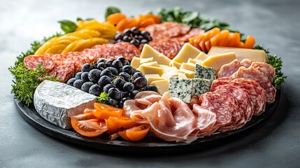 Assorted charcuterie board displays cheeses, meats, fruits, and herbs arranged on a dark, round platter.