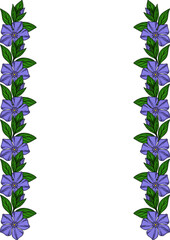 Elegant vector floral frame with periwinkle flowers and green leaves, perfect for invitations, cards, or decorative elements.